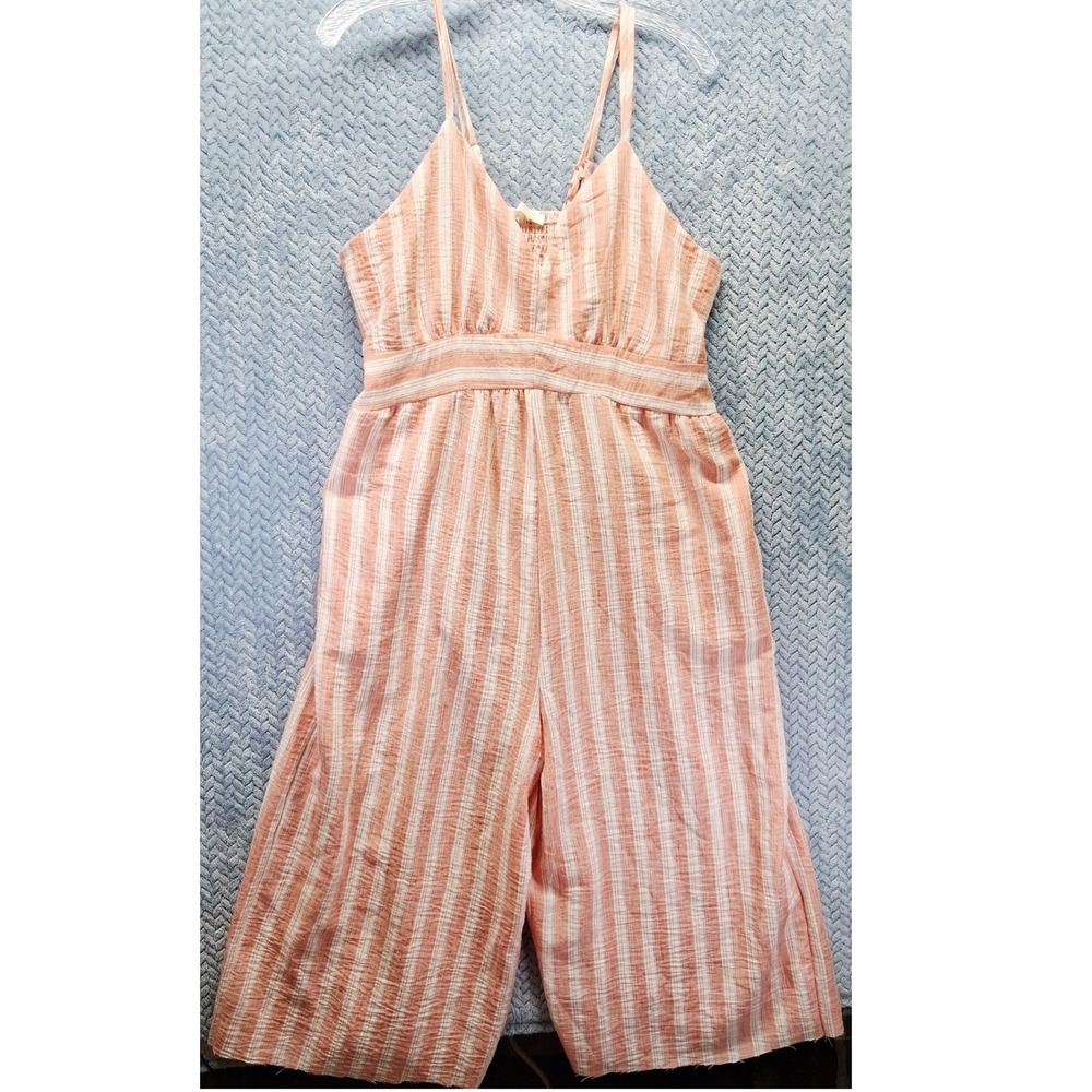 No Comment Linen Love Peach White Striped Wide Leg Jumpsuit XL 100% Polyester